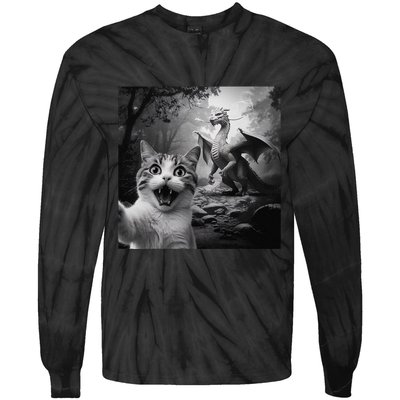Funny Surprised Scared Cat Selfie With Dragon Tie-Dye Long Sleeve Shirt