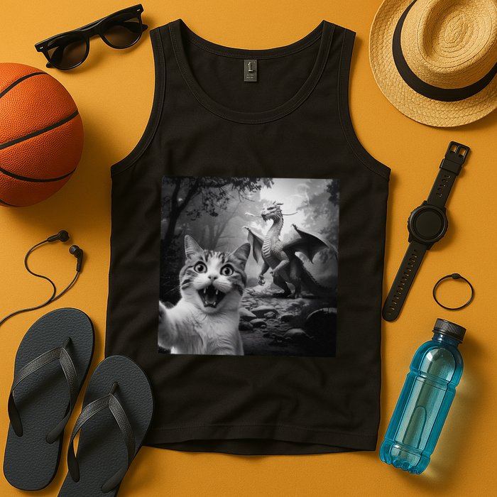 Funny Surprised Scared Cat Selfie With Dragon Tank Top