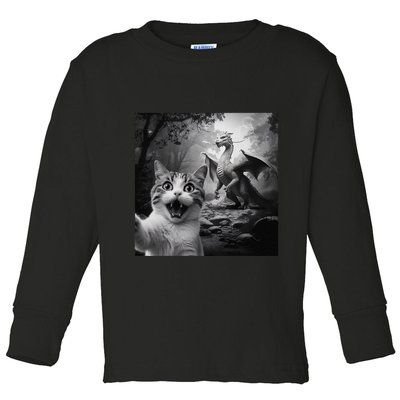 Funny Surprised Scared Cat Selfie With Dragon Toddler Long Sleeve Shirt
