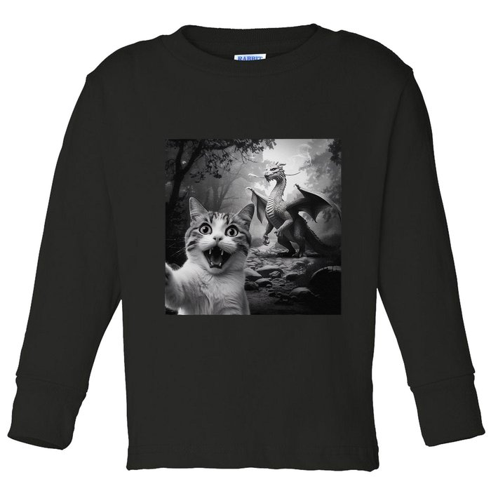 Funny Surprised Scared Cat Selfie With Dragon Toddler Long Sleeve Shirt