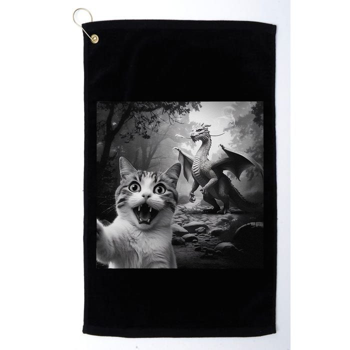 Funny Surprised Scared Cat Selfie With Dragon Golf Towel