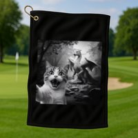 Funny Surprised Scared Cat Selfie With Dragon Golf Towel