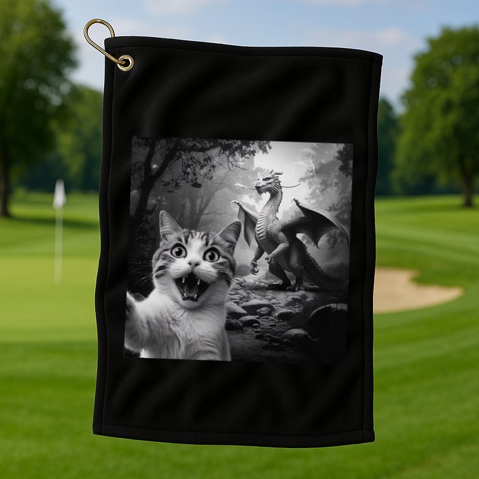 Funny Surprised Scared Cat Selfie With Dragon Golf Towel