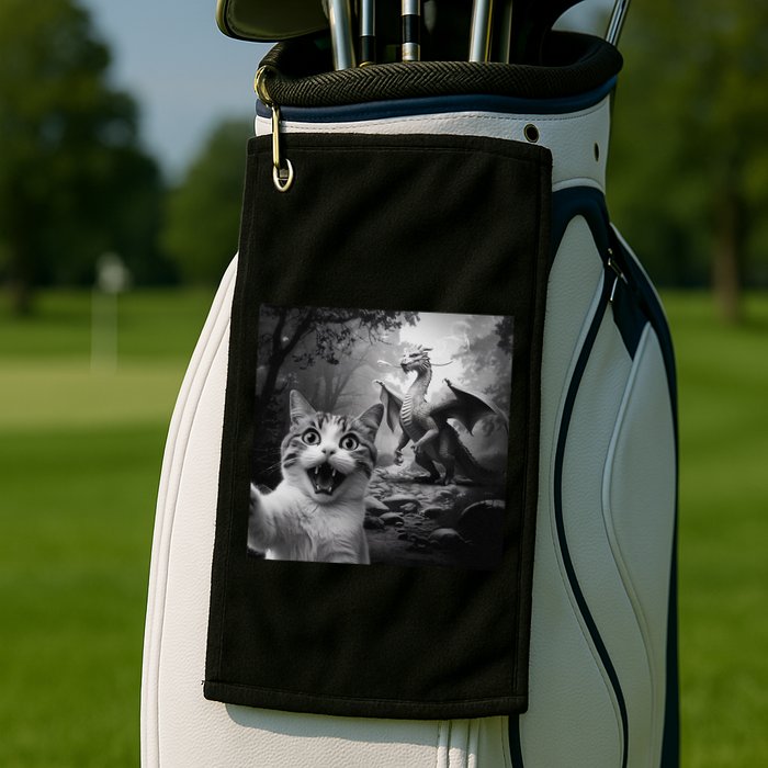 Funny Surprised Scared Cat Selfie With Dragon Golf Towel