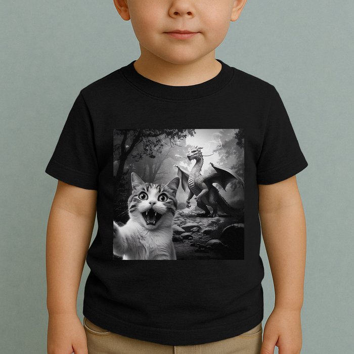 Funny Surprised Scared Cat Selfie With Dragon Toddler T-Shirt