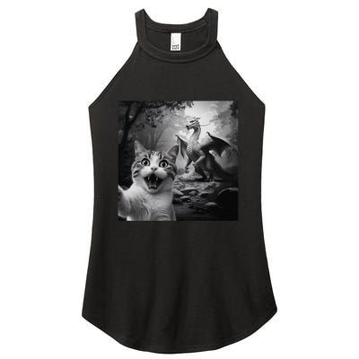 Funny Surprised Scared Cat Selfie With Dragon Women's Perfect Tri Rocker Tank