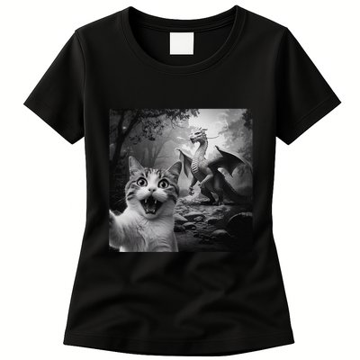 Funny Surprised Scared Cat Selfie With Dragon Womens T-Shirt
