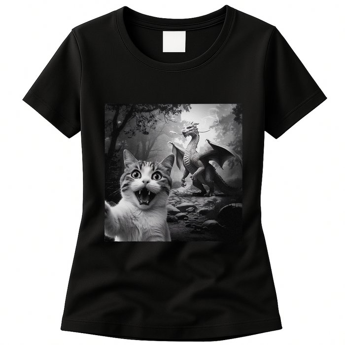 Funny Surprised Scared Cat Selfie With Dragon Womens T-Shirt