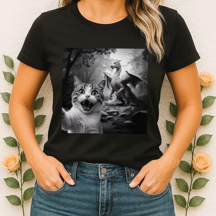 Funny Surprised Scared Cat Selfie With Dragon Womens T-Shirt