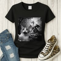Funny Surprised Scared Cat Selfie With Dragon Womens T-Shirt