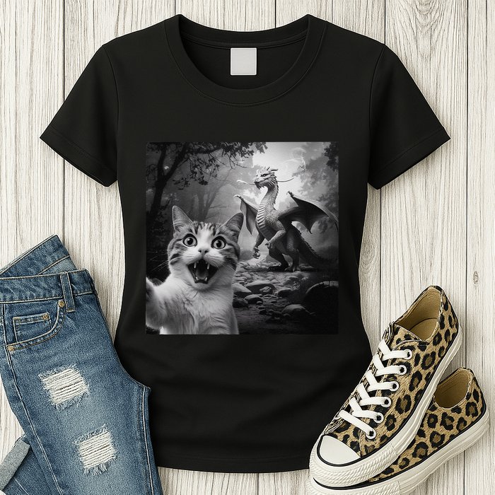 Funny Surprised Scared Cat Selfie With Dragon Womens T-Shirt