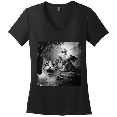 Funny Surprised Scared Cat Selfie With Dragon Women's V-Neck T-Shirt