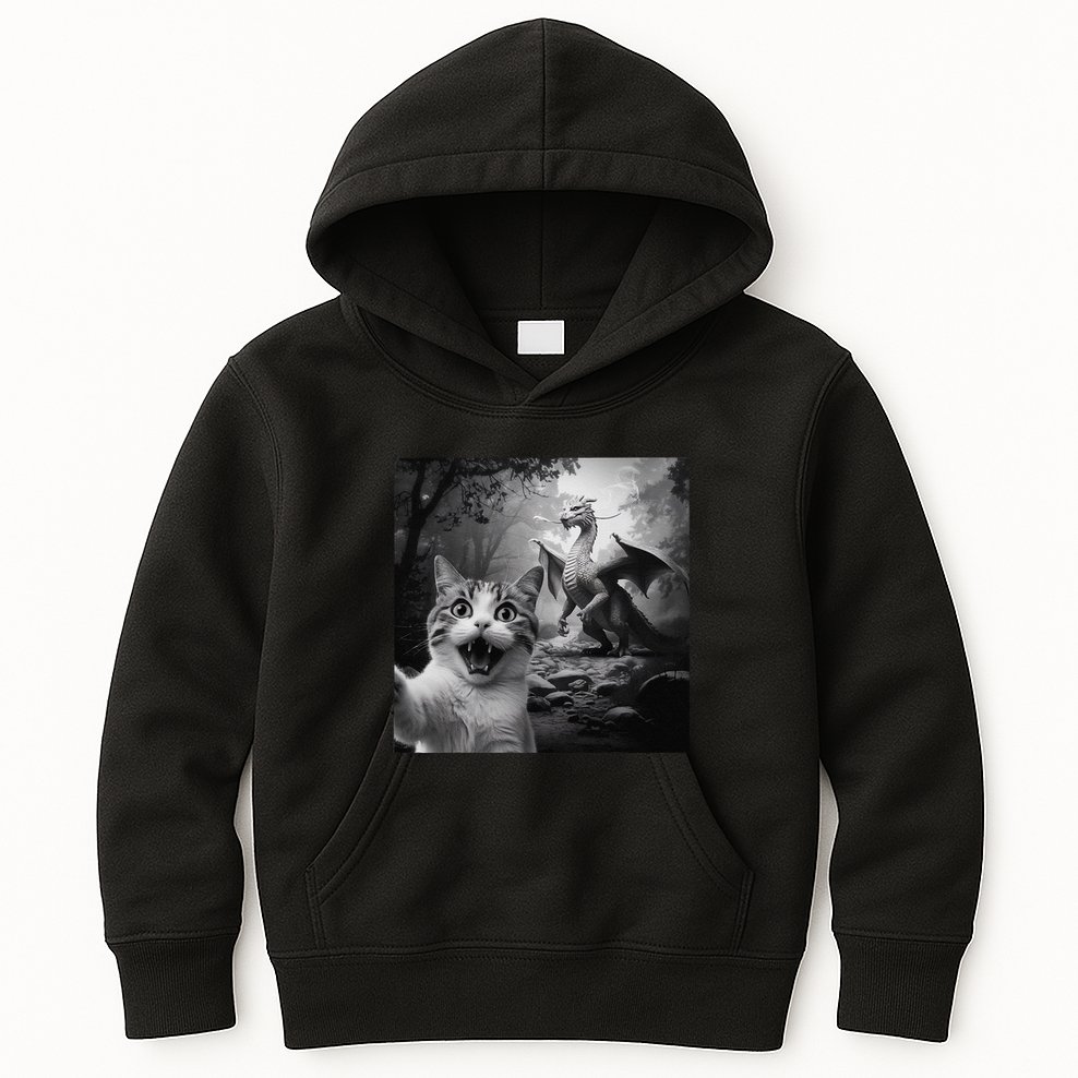 Funny Surprised Scared Cat Selfie With Dragon Kids Hoodie