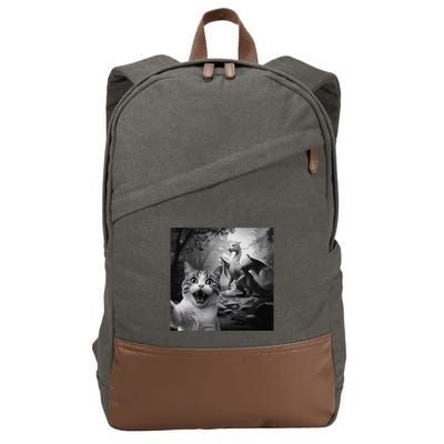 Funny Surprised Scared Cat Selfie With Dragon Cotton Canvas Backpack