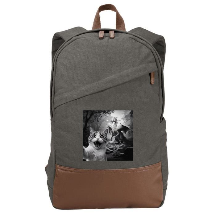 Funny Surprised Scared Cat Selfie With Dragon Cotton Canvas Backpack
