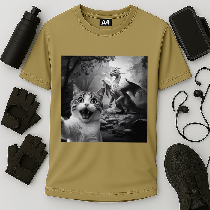 Funny Surprised Scared Cat Selfie With Dragon Performance Shirt