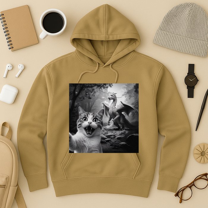 Funny Surprised Scared Cat Selfie With Dragon Hoodie