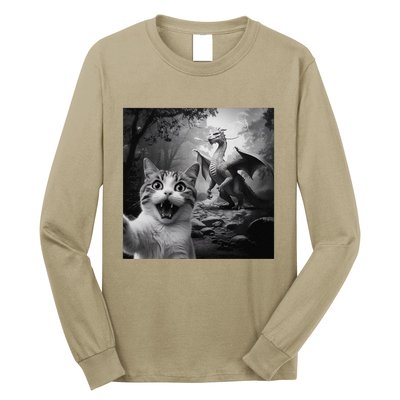 Funny Surprised Scared Cat Selfie With Dragon Long Sleeve Shirt