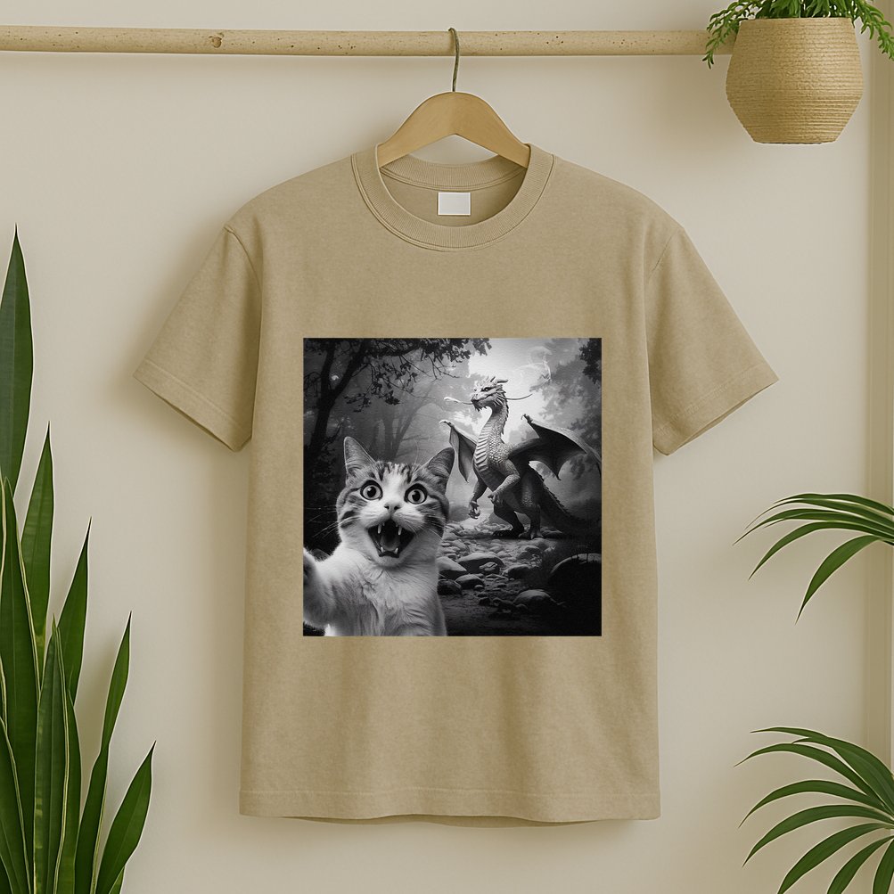 Funny Surprised Scared Cat Selfie With Dragon T-Shirt
