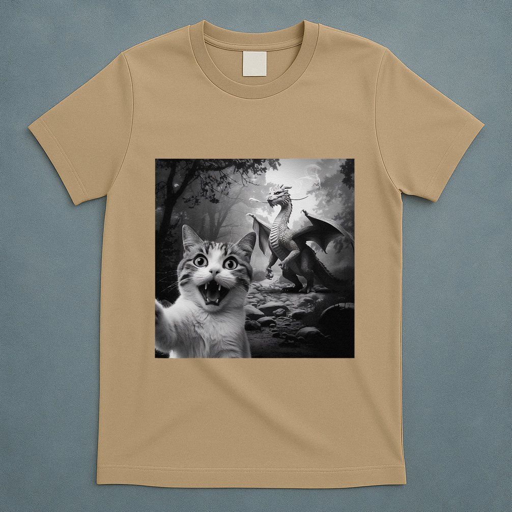 Funny Surprised Scared Cat Selfie With Dragon T-Shirt