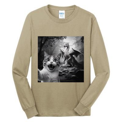 Funny Surprised Scared Cat Selfie With Dragon Tall Long Sleeve T-Shirt