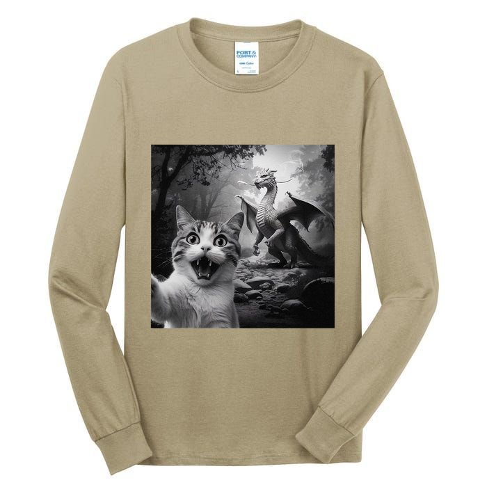 Funny Surprised Scared Cat Selfie With Dragon Tall Long Sleeve T-Shirt