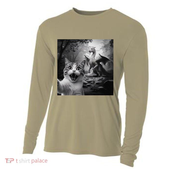 Funny Surprised Scared Cat Selfie With Dragon Cooling Performance Long Sleeve Crew