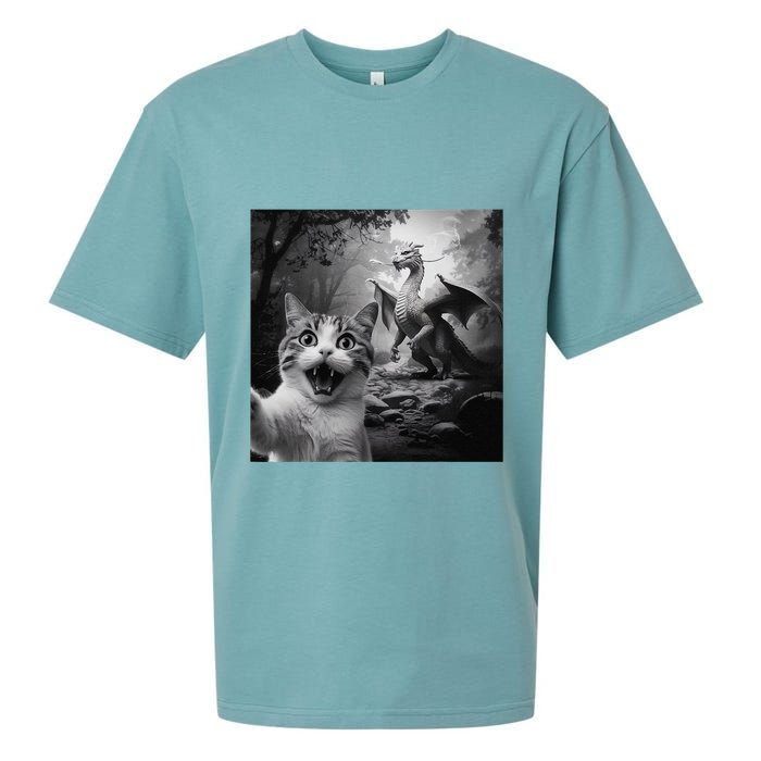 Funny Surprised Scared Cat Selfie With Dragon Sueded Cloud Jersey T-Shirt