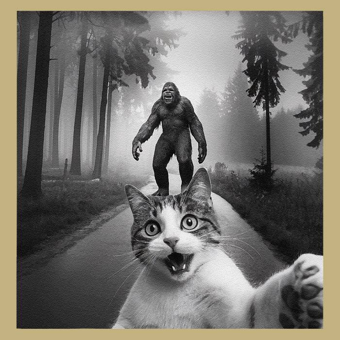 Funny Surprised Scared Cat Selfie With Sasquatsch Bigfoot Button