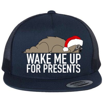 Funny Sleepy Sloth Wake Me Up For Presents Christmas Design Gift Flat Bill Trucker Hat