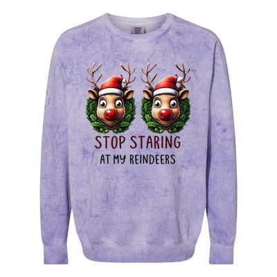 Funny Stop Staring At My Reindeers Boobs Ugly Gag Xmas Colorblast Crewneck Sweatshirt