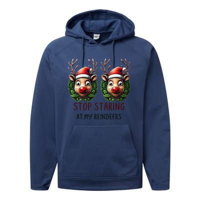 Funny Stop Staring At My Reindeers Boobs Ugly Gag Xmas Performance Fleece Hoodie