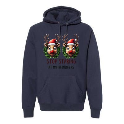 Funny Stop Staring At My Reindeers Boobs Ugly Gag Xmas Premium Hoodie