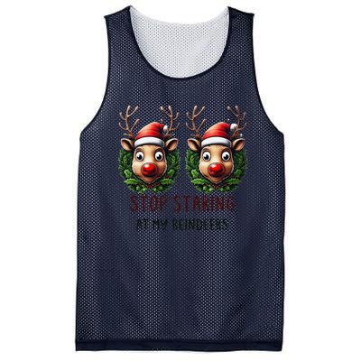 Funny Stop Staring At My Reindeers Boobs Ugly Gag Xmas Mesh Reversible Basketball Jersey Tank