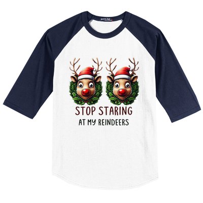 Funny Stop Staring At My Reindeers Boobs Ugly Gag Xmas Baseball Sleeve Shirt