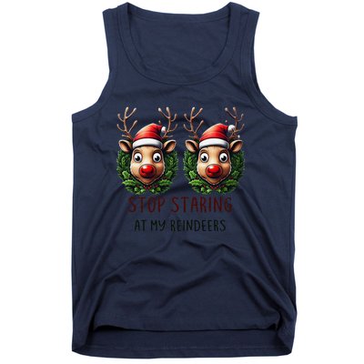 Funny Stop Staring At My Reindeers Boobs Ugly Gag Xmas Tank Top