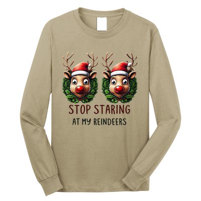 Funny Stop Staring At My Reindeers Boobs Ugly Gag Xmas Long Sleeve Shirt