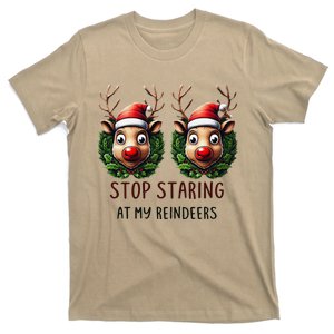 Funny Stop Staring At My Reindeers Boobs Ugly Gag Xmas T-Shirt