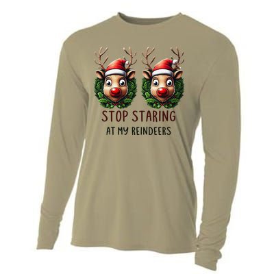 Funny Stop Staring At My Reindeers Boobs Ugly Gag Xmas Cooling Performance Long Sleeve Crew