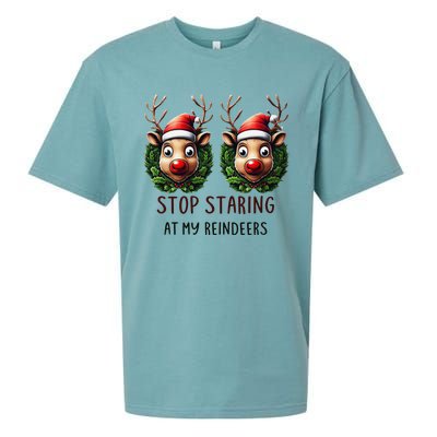 Funny Stop Staring At My Reindeers Boobs Ugly Gag Xmas Sueded Cloud Jersey T-Shirt