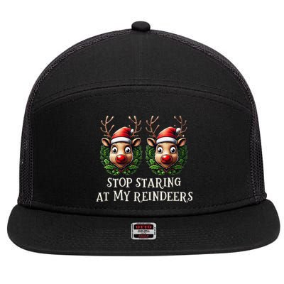 Funny Stop Staring At My Reindeers Boobs Ugly Gag Xmas 7 Panel Mesh Trucker Snapback Hat