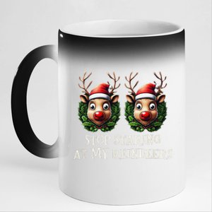 Funny Stop Staring At My Reindeers Boobs Ugly Gag Xmas 11oz Black Color Changing Mug