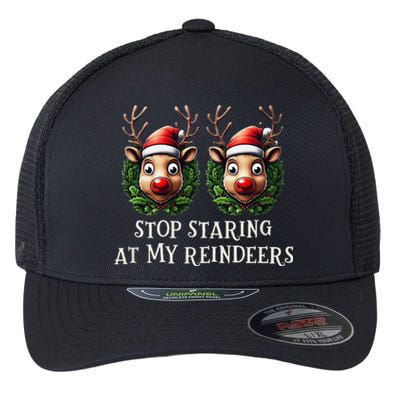 Funny Stop Staring At My Reindeers Boobs Ugly Gag Xmas Flexfit Unipanel Trucker Cap