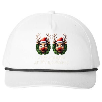 Funny Stop Staring At My Reindeers Boobs Ugly Gag Xmas Snapback Five-Panel Rope Hat