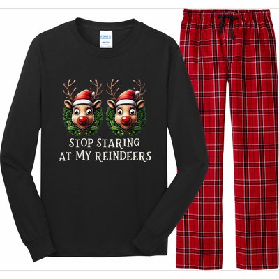 Funny Stop Staring At My Reindeers Boobs Ugly Gag Xmas Long Sleeve Pajama Set