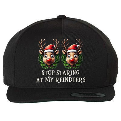 Funny Stop Staring At My Reindeers Boobs Ugly Gag Xmas Wool Snapback Cap