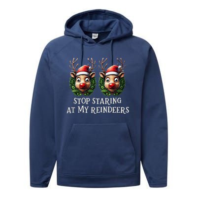 Funny Stop Staring At My Reindeers Boobs Ugly Gag Xmas Performance Fleece Hoodie