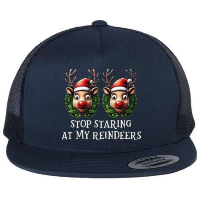 Funny Stop Staring At My Reindeers Boobs Ugly Gag Xmas Flat Bill Trucker Hat