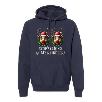 Funny Stop Staring At My Reindeers Boobs Ugly Gag Xmas Premium Hoodie