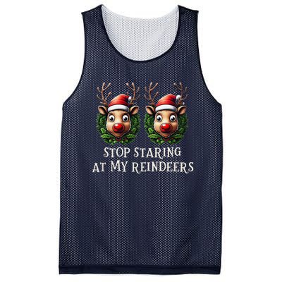 Funny Stop Staring At My Reindeers Boobs Ugly Gag Xmas Mesh Reversible Basketball Jersey Tank